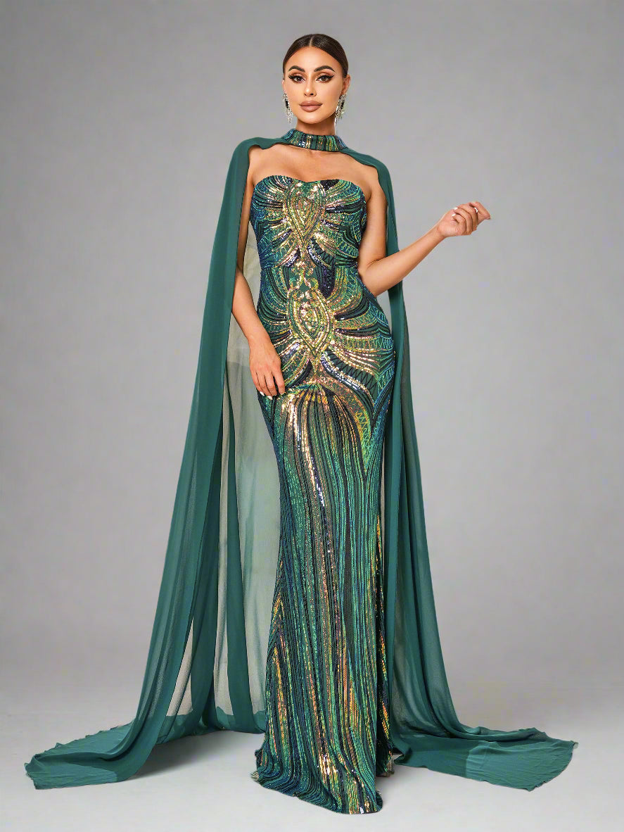 Women's Strapless Sequin Cape Gown
