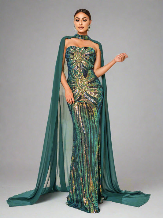 Women's Strapless Sequin Cape Gown