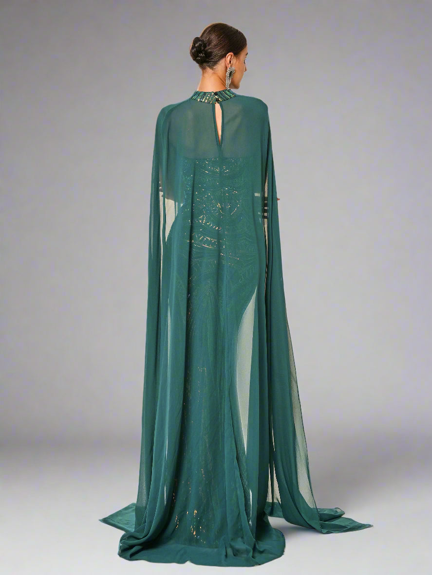 Women's Strapless Sequin Cape Gown