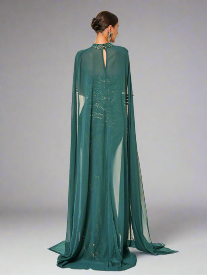 Women's Strapless Sequin Cape Gown