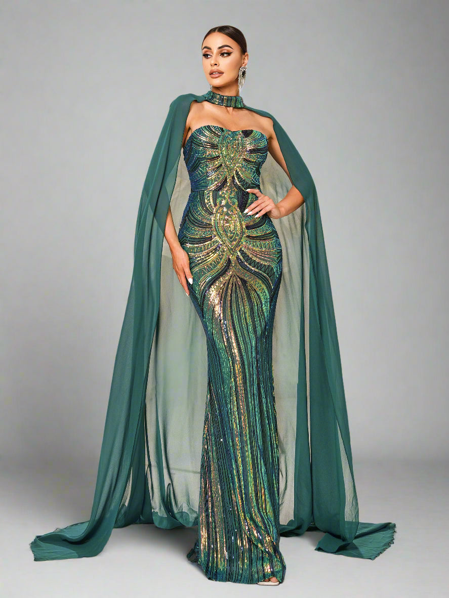Women's Strapless Sequin Cape Gown