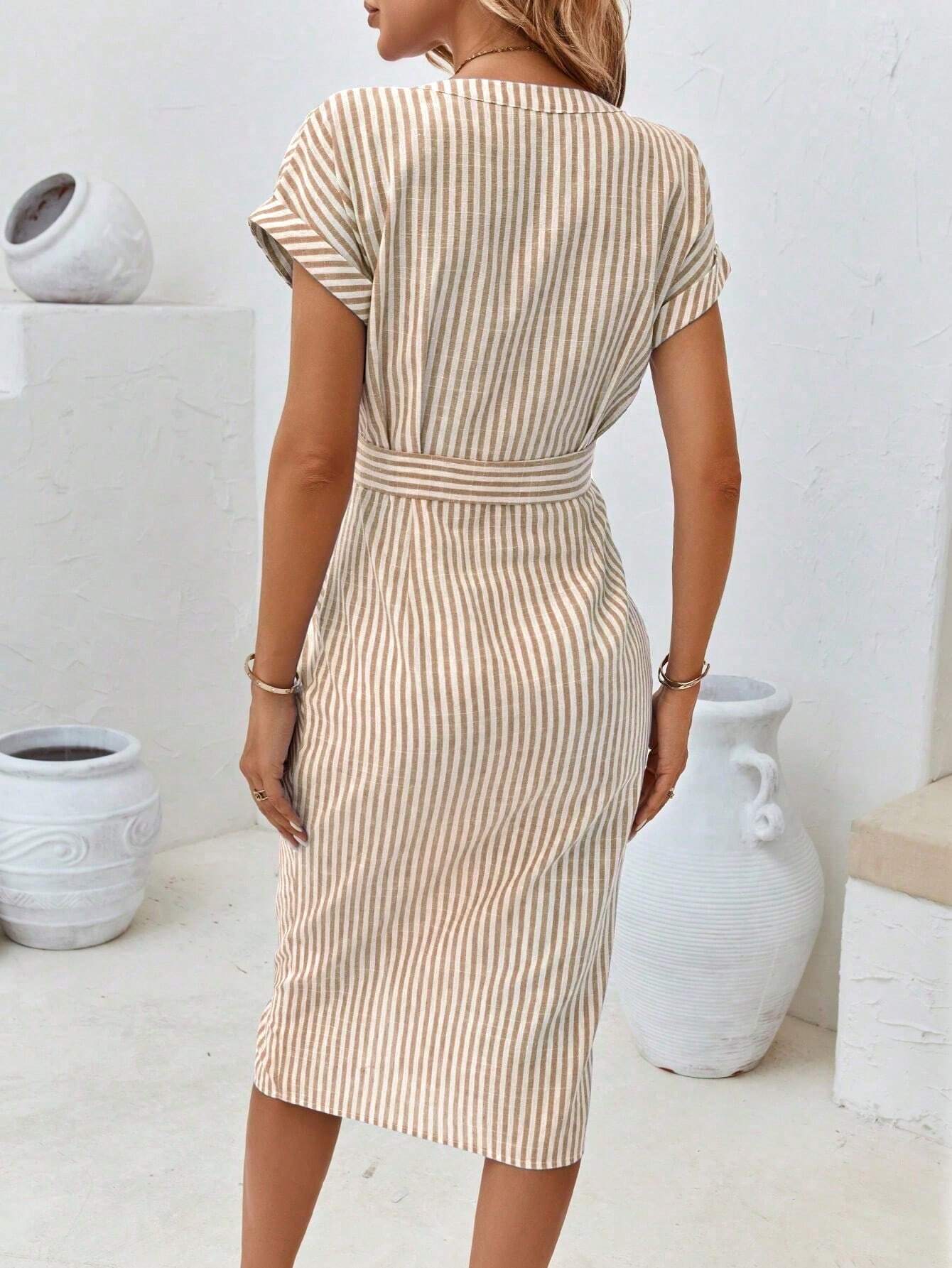 Women's Striped Tie Waist Shirtdress