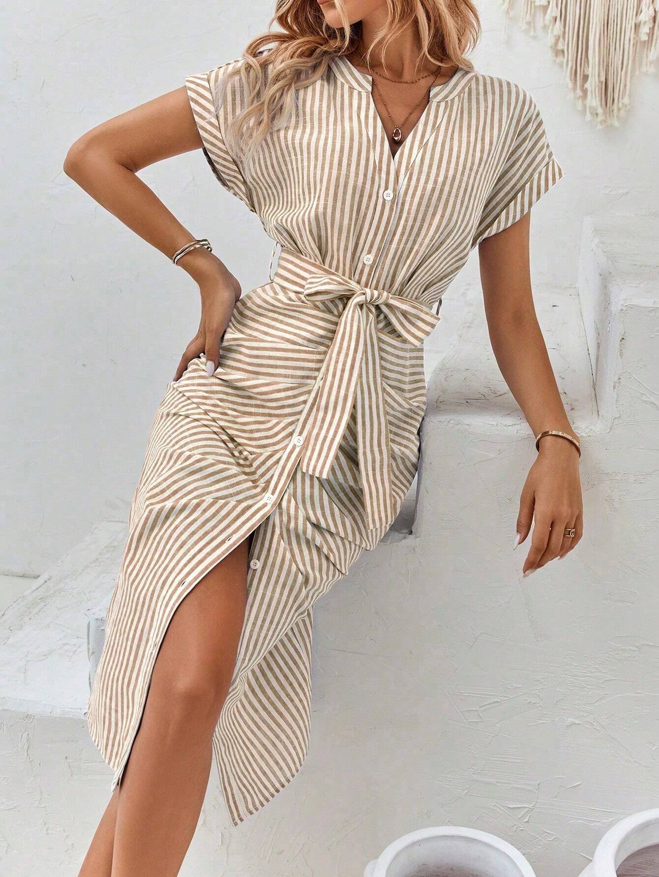 Women's Striped Tie Waist Shirtdress