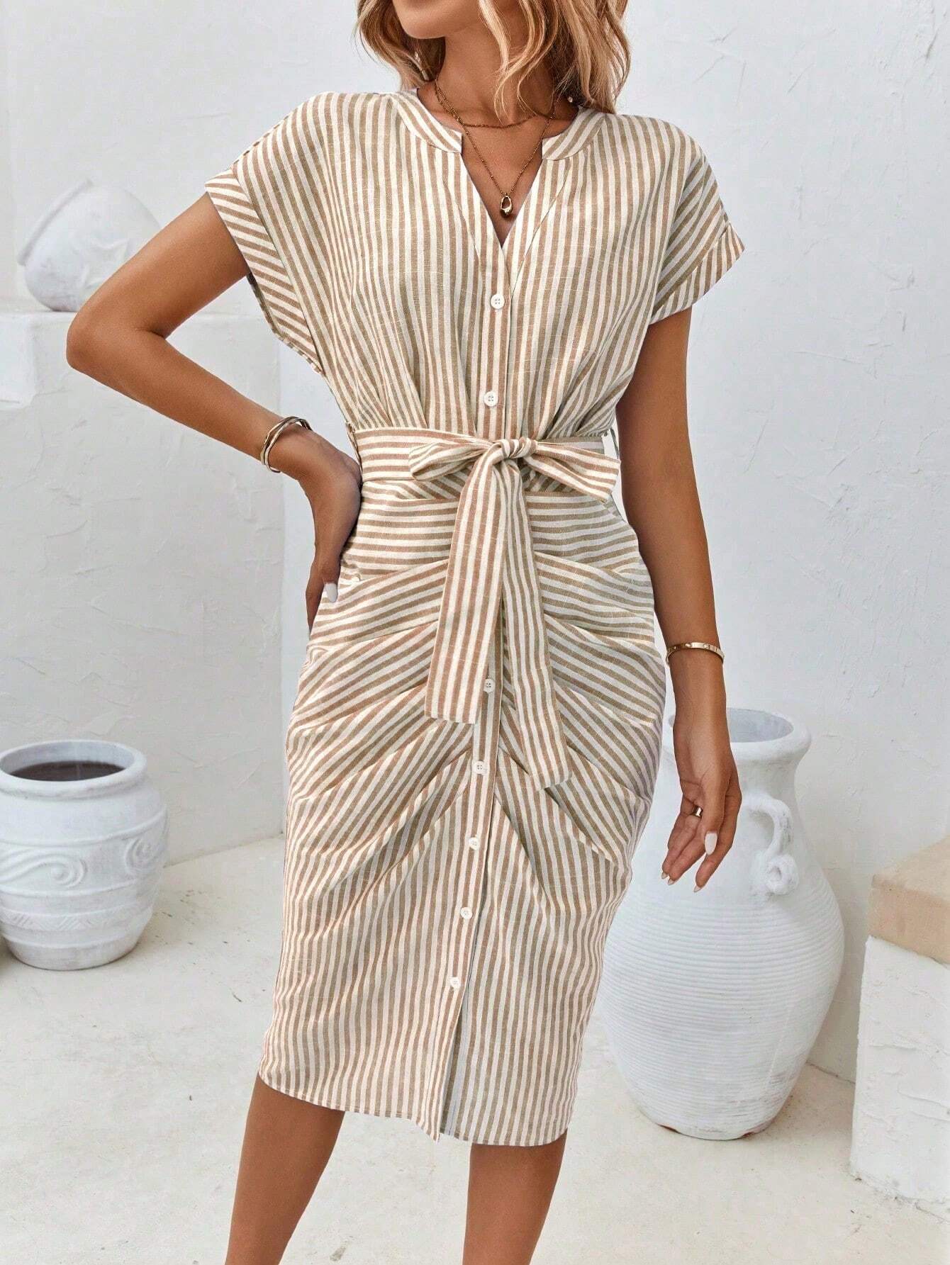 Women's Striped Tie Waist Shirtdress