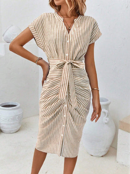 Women's Striped Tie Waist Shirtdress