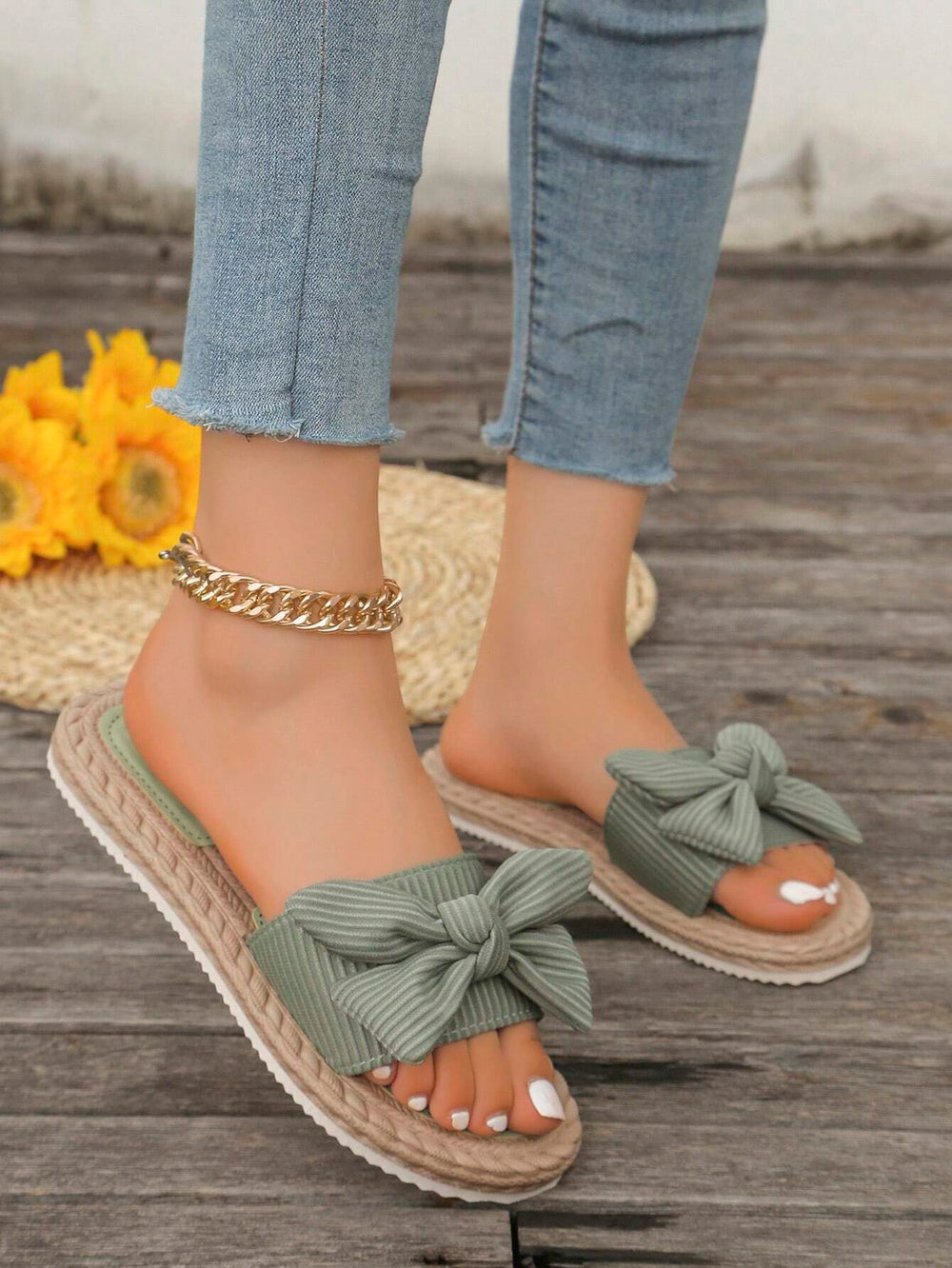  Woven Braided Bow Slide Sandal