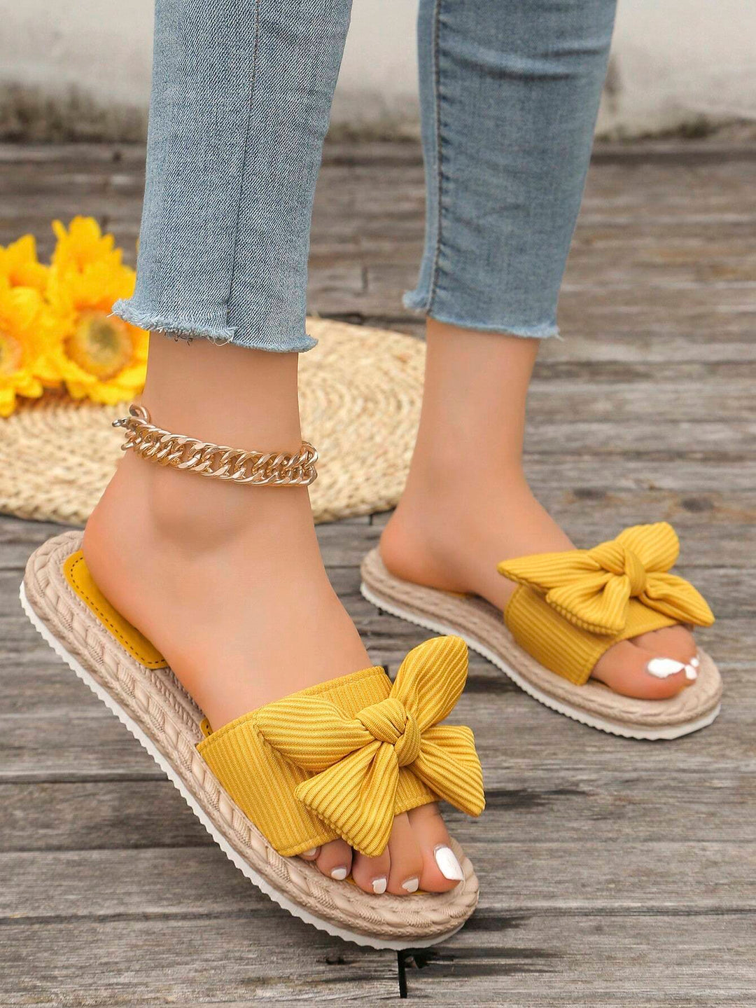 Woven Braided Bow Slide Sandal