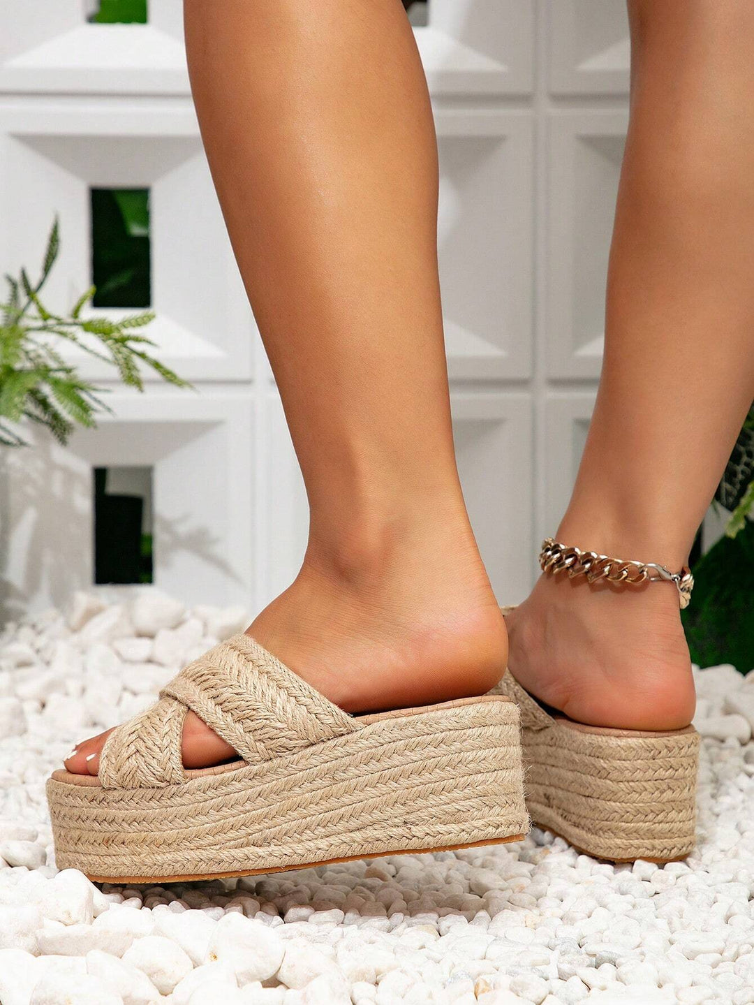 Woven Crisscross Platform Espadrille Slides